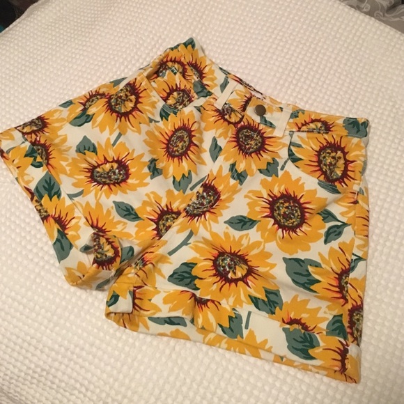 High-Waisted Denim Sunflower Shorts