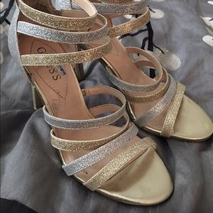 GOLD & SILVER GLITTER GUESS STRAPPY HEELS