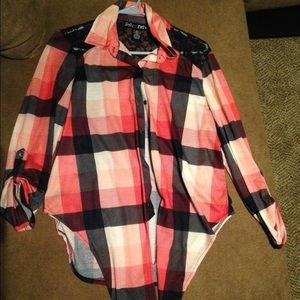 Ladies XL orange and black plaid button up