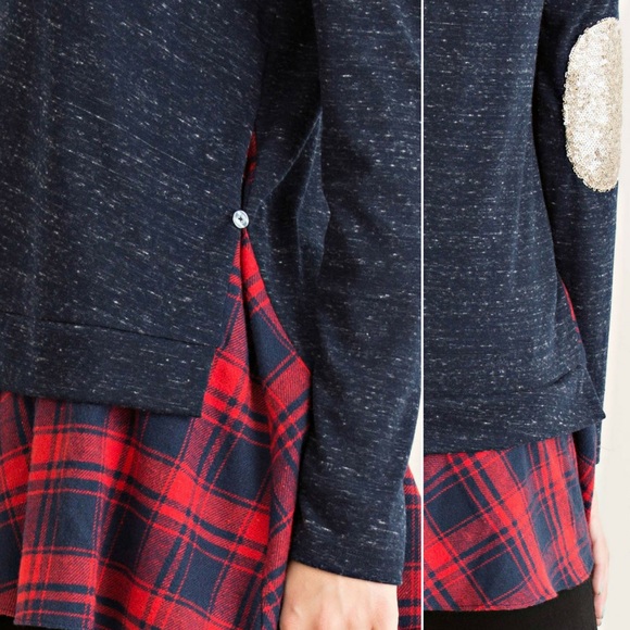 👉LAST ONE👈Melange Long Sleeve Plaid Contrast Hem - Picture 3 of 4