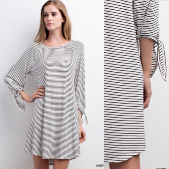 ❣LAST❣ Striped Ivory Bow Sleeve Tunic Fall Dress - Picture 2 of 3