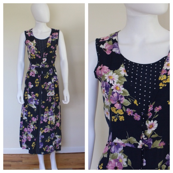 Vintage 1990s Floral Polka Dot Mixed Print Dress - Picture 1 of 4