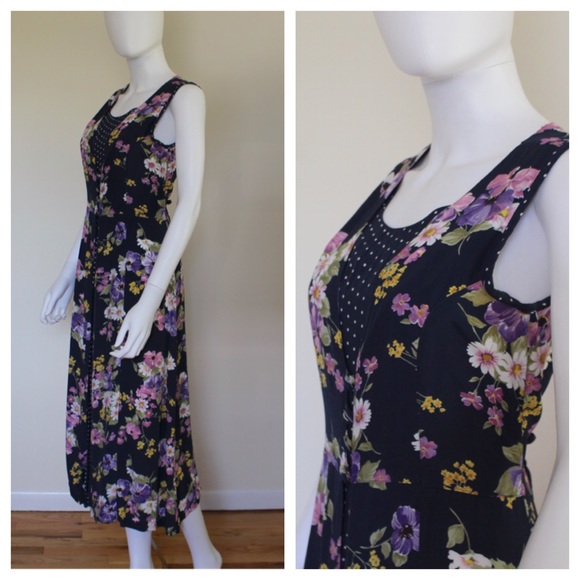 Vintage 1990s Floral Polka Dot Mixed Print Dress - Picture 2 of 4