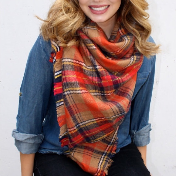 💞CLEARANCE💞 Orange Plaid Blanket Scarf  #11 - Picture 3 of 4