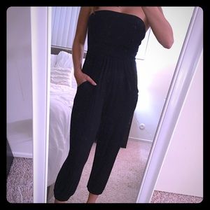 Black ruched romper jersey pant suit cropped