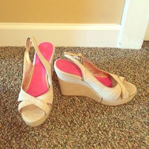 Khaki/Gold Canvas Wedges