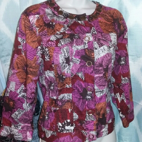 Ruby Rd pink and brown floral snap front blazer