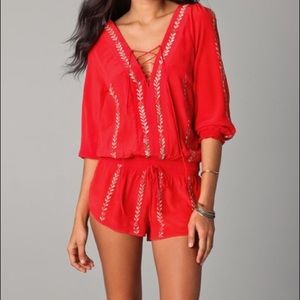 Haute Hippie Threadwork Silk Romper in Red, SMALL