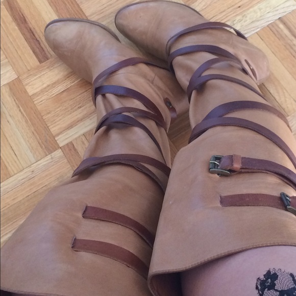 One of a kind over the knee tan color leather boot
