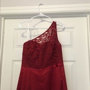 David's Bridal Long Illusion Lace and Satin Dress