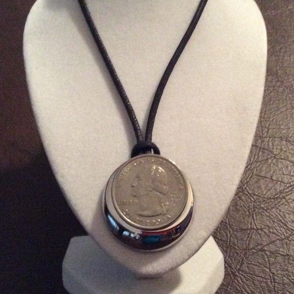 16" Black Cord w Sterling Concave Pendant - Picture 3 of 4