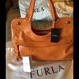 Furla orange ostrich embossed bag