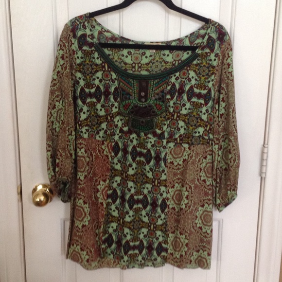 One World multi color boat neck embroidered blouse