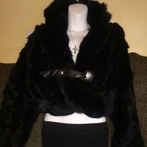Ashley Stewart Cropped 100%Rabbit Fur Coat & Bag