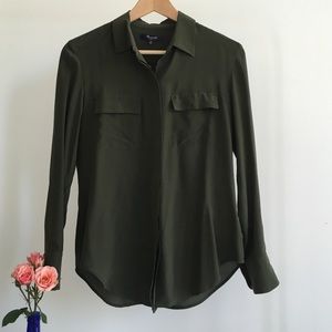 Madewell Army Green Silk Button Up Blouse, XS
