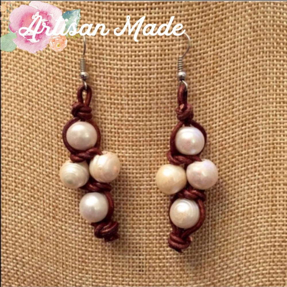 NEW Leather Freshwater Pearl Celtic Cross Earrings