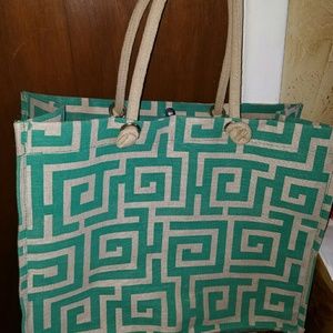 Large heavy duty burlap bag in tan and turquoise