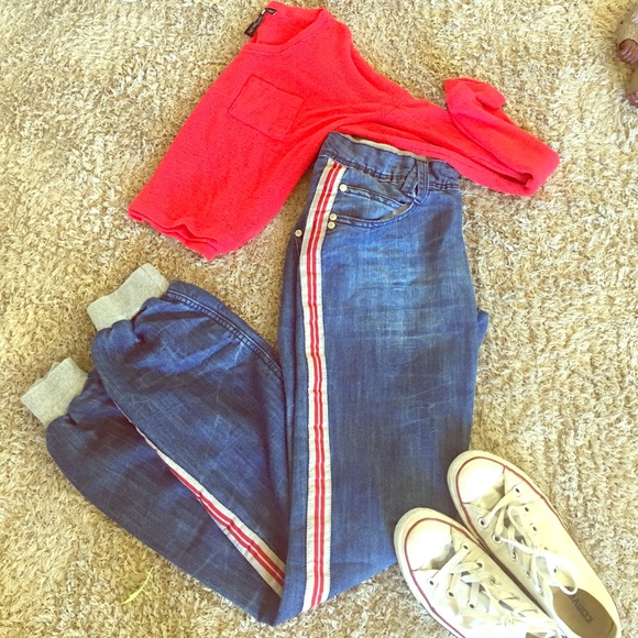 Soft Denim Cuffed Sweatpants with Side Stripes.