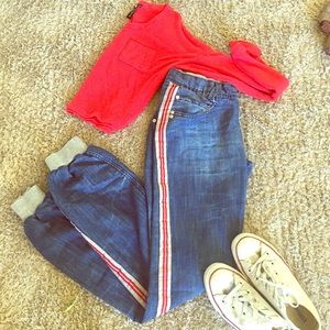 Soft Denim Cuffed Sweatpants with Side Stripes.