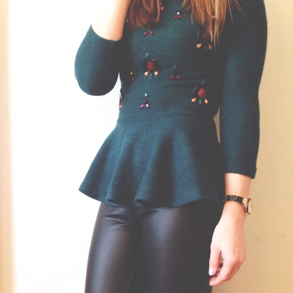 Anthropologie/DV green bejeweled peplum top