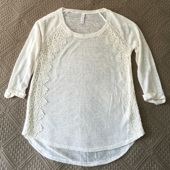 Sheer cream embroidered lace edging long sleeve T
