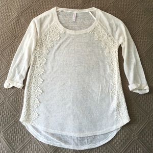 Sheer cream embroidered lace edging long sleeve T