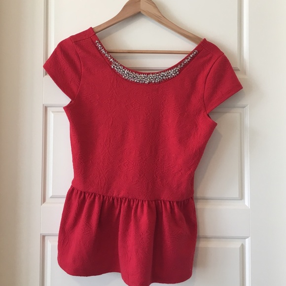 Red dressy top with rhinestone neckline