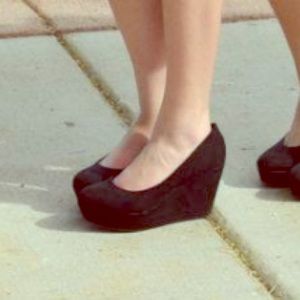 Black suede platform wedge heels
