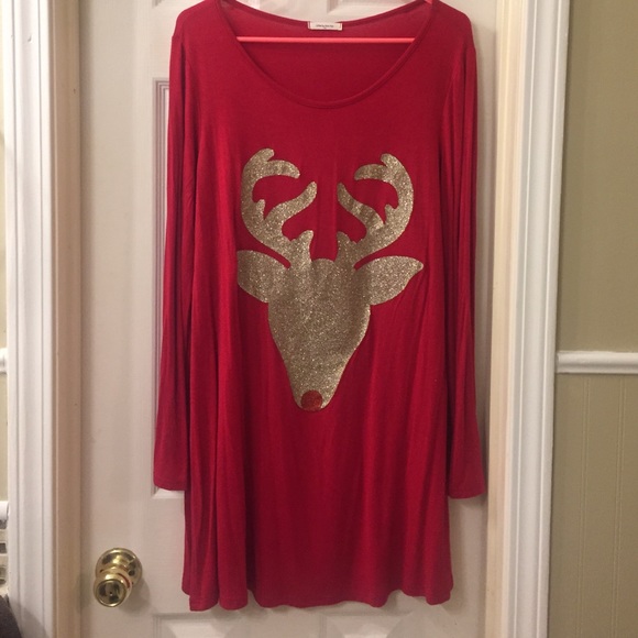 Red, glitter Christmas reindeer tunic/dress size L