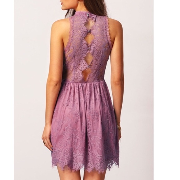 Lace mock neck back cut  out dress mauve