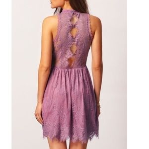 Lace mock neck back cut  out dress mauve