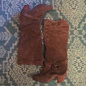 Brown Suede Slouch Boots with Buckle