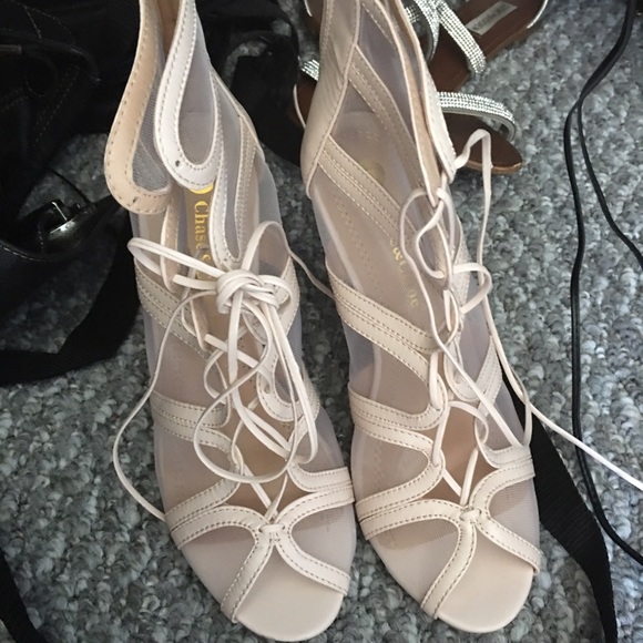 Creme colored and mesh lace up heels/boots