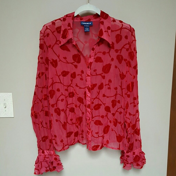 Red sheer blouse with velvet flower print.
