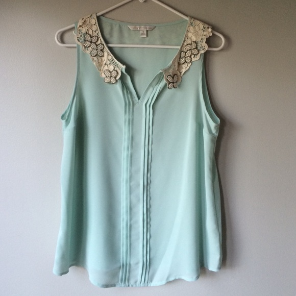 LC brand embellished lace collar top in aqua