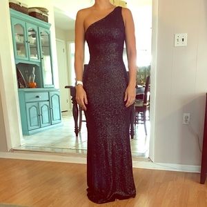 Black sequin one shoulder gown