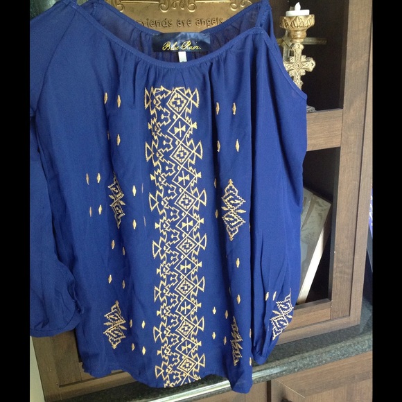 Blue and Gold Detailed Cold-Shoulder Top - Picture 1 of 4