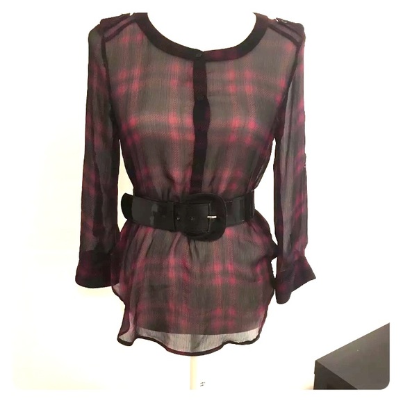 Express Plaid Sheer Top Size XS w/black belt!