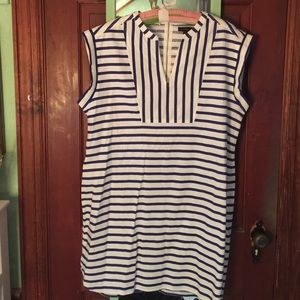 Navy blue and white linen dress