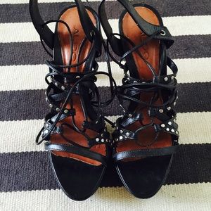 Black leather studded Lace Up Heels