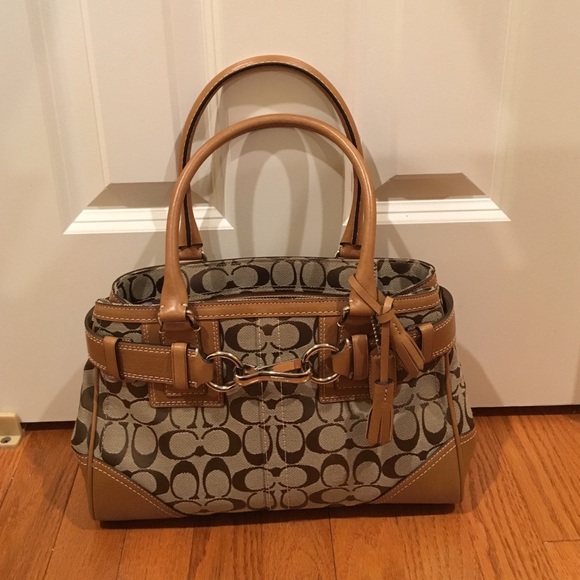 Coach tan Jacquard Signature Satchel Handbag 12297