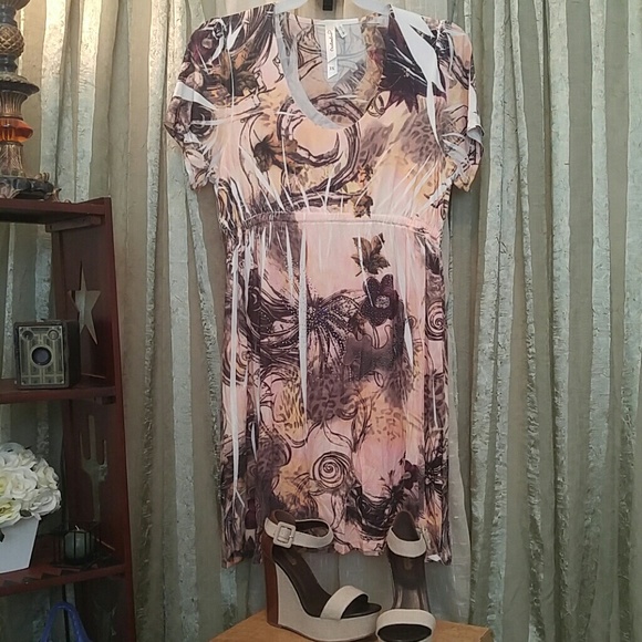 Pretty Peach, Cream & Brown Dress