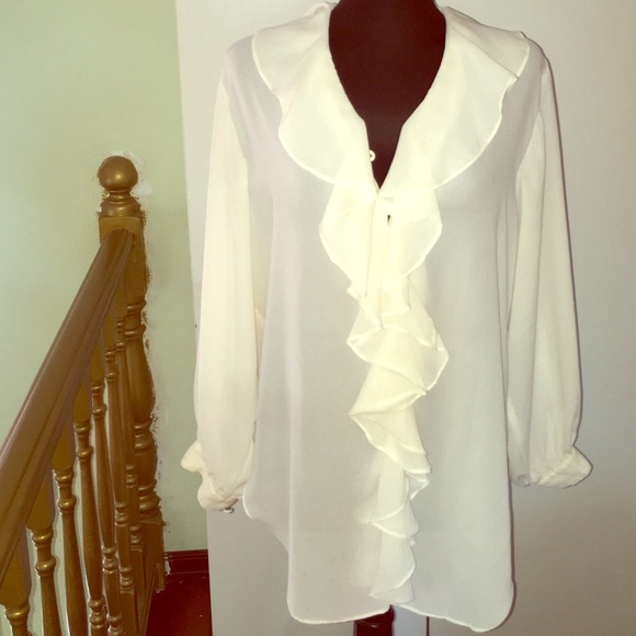 VINTAGE NINA K WHITE RUFFLE FRONT BLOUSE L