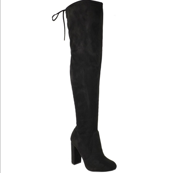 Black Faux Suede Thigh High Stretchy Boots