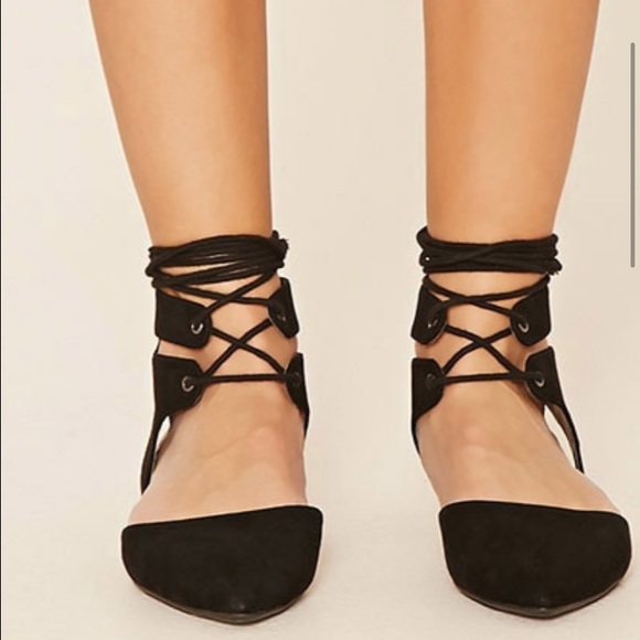 Black lace up pointed toe flats