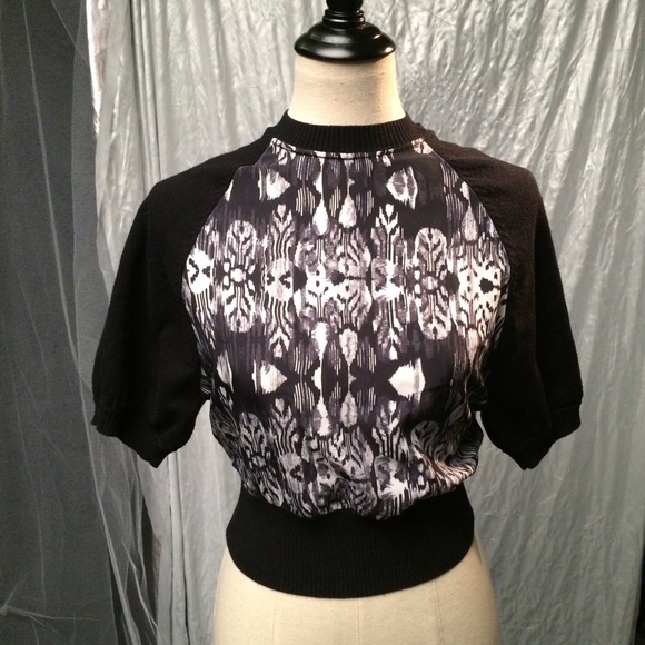 Black knit and patterned chiffon crop sweater. - Picture 1 of 4