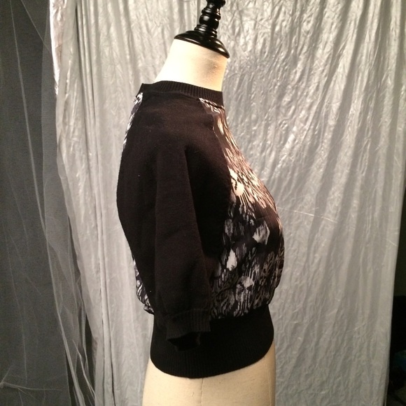 Black knit and patterned chiffon crop sweater. - Picture 2 of 4
