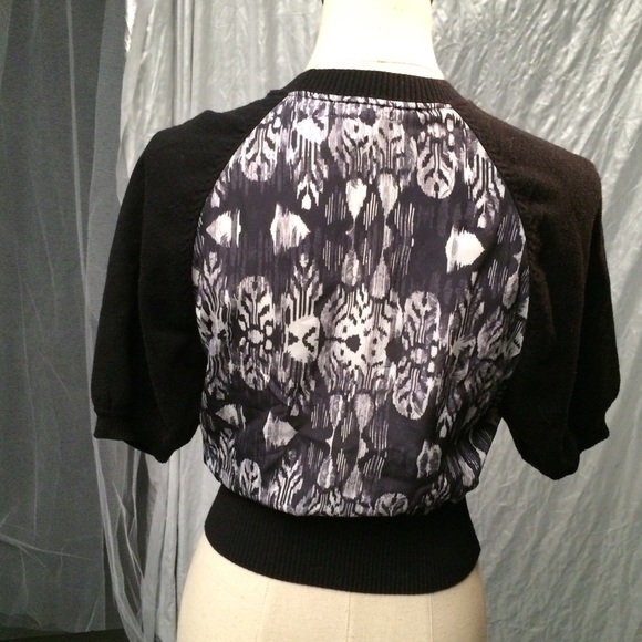 Black knit and patterned chiffon crop sweater. - Picture 3 of 4