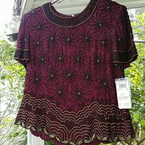 Merlot, gold, black beaded evening top