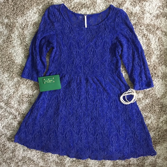 Free People Dresses & Skirts - FREE PEOPLE Royal Blue Lace Dress 3/4 Sleeve Small